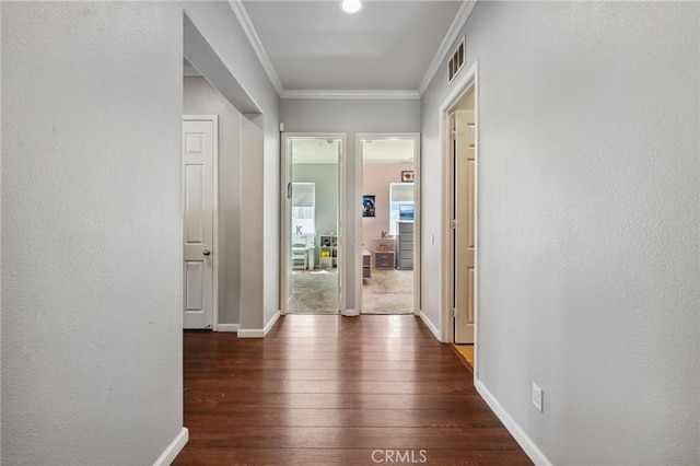 10237 Cotoneaster St, Apple Valley, CA 92308 - hall with dark wood-style flooring, crown molding, and baseboards