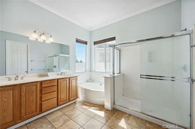 10237 Cotoneaster St, Apple Valley, CA 92308 - bathroom featuring a shower stall, double vanity, a bath, ornamental molding, and tile patterned floors
