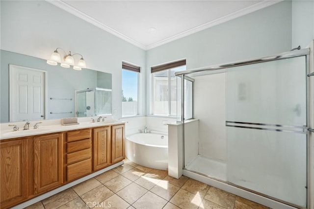 10237 Cotoneaster St, Apple Valley, CA 92308 - bathroom featuring a stall shower, double vanity, a bath, crown molding, and tile patterned flooring