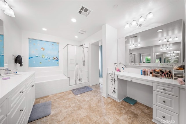 5874 Silver Oaks Dr, Chino, CA 91710 - bathroom featuring a garden tub, a shower stall, vanity, and recessed lighting