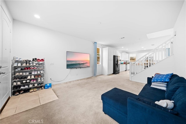 5874 Silver Oaks Dr, Chino, CA 91710 - living room featuring stairway, light carpet, and recessed lighting