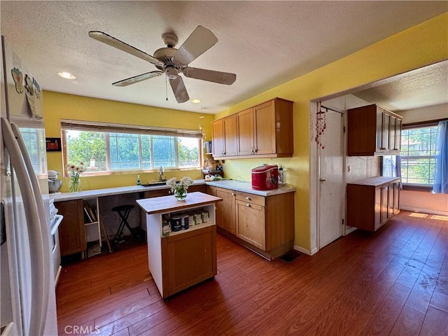 10265 Nancy Ave, Cherry Valley, CA 92223 - kitchen featuring freestanding refrigerator, a textured ceiling, dark wood-style flooring, a sink, and light countertops
