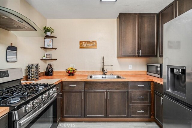 24438 Sage Ave, Boron, CA 93516 - kitchen with appliances with stainless steel finishes, a sink, dark brown cabinets, and open shelves