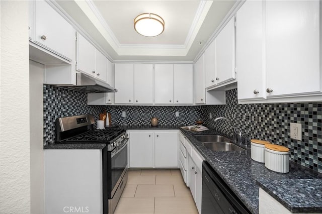 222 S Catalina Ave Unit 8, Pasadena, CA 91106 - kitchen featuring stainless steel range with gas stovetop, black dishwasher, a sink, under cabinet range hood, and white cabinets
