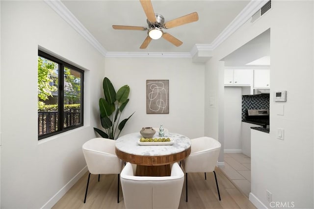 222 S Catalina Ave Unit 8, Pasadena, CA 91106 - dining room with baseboards, ornamental molding, a ceiling fan, and light wood-style floors