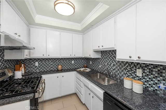222 S Catalina Ave Unit 8, Pasadena, CA 91106 - kitchen featuring gas stove, a sink, under cabinet range hood, white cabinets, and crown molding