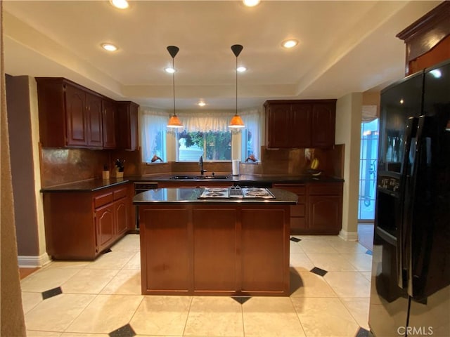 7614 Calpella Ave, Hesperia, CA 92345 - kitchen featuring black refrigerator with ice dispenser, a sink, dark countertops, tasteful backsplash, and recessed lighting
