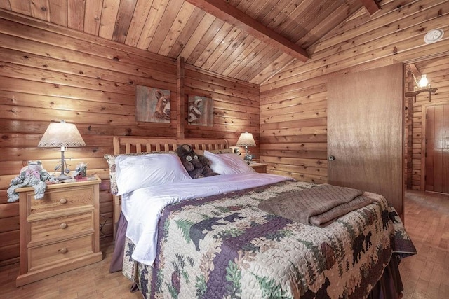 331 Maple Ln, Sugarloaf, CA 92386 - bedroom with light wood-style floors, wood ceiling, and wooden walls