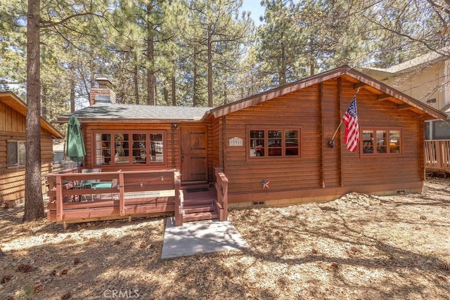 331 Maple Ln, Sugarloaf, CA 92386 - view of front of property with crawl space, a deck, a chimney, and roof with shingles