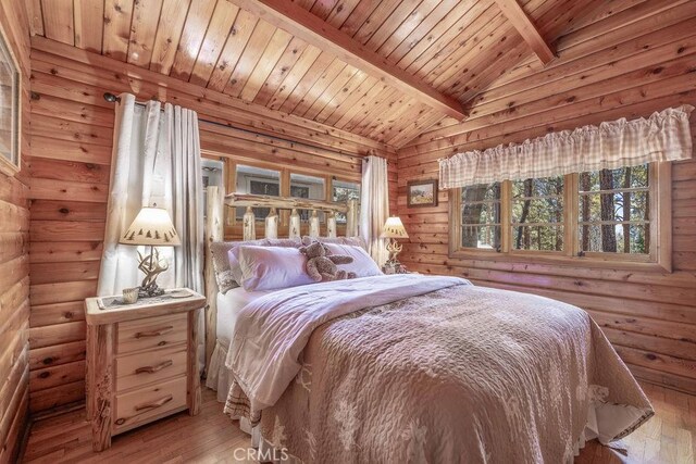 331 Maple Ln, Sugarloaf, CA 92386 - bedroom featuring light wood-style flooring, wooden ceiling, and log walls