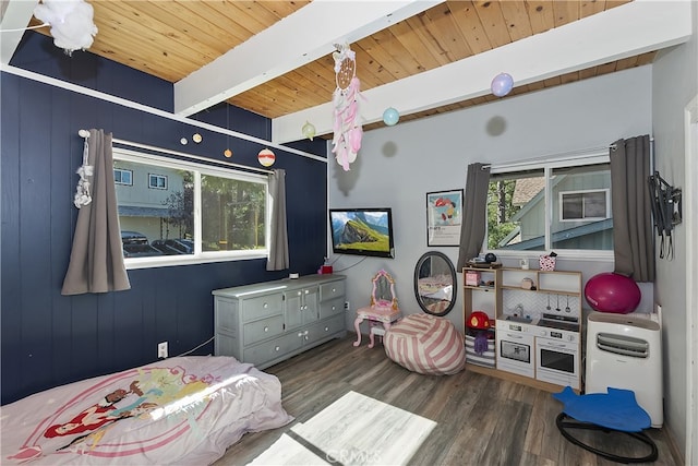 197 Weisshorn Dr, Crestline, CA 92325 - bedroom with a wood ceiling with exposed beams and wood finished floors