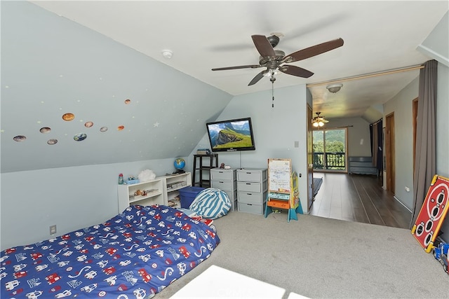 197 Weisshorn Dr, Crestline, CA 92325 - bedroom with vaulted ceiling, carpet flooring, and ceiling fan