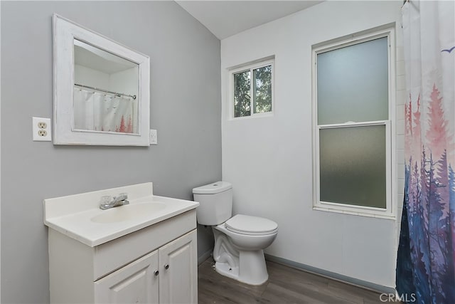 197 Weisshorn Dr, Crestline, CA 92325 - full bathroom with wood finished floors, vanity, and a shower with shower curtain