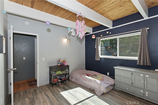 197 Weisshorn Dr, Crestline, CA 92325 - bedroom with wooden ceiling with exposed beams and wood finished floors
