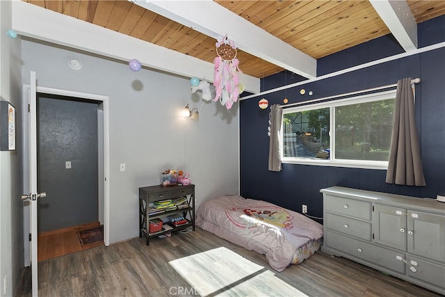 197 Weisshorn Dr, Crestline, CA 92325 - bedroom featuring a wooden ceiling with exposed beams and wood finished floors