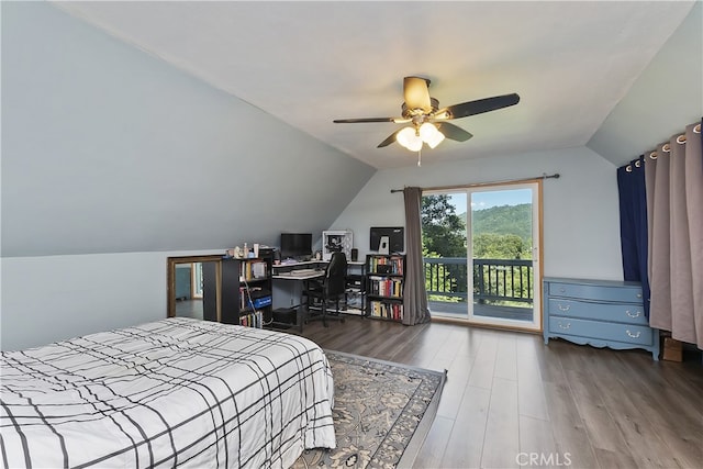197 Weisshorn Dr, Crestline, CA 92325 - bedroom featuring access to outside, lofted ceiling, wood finished floors, a desk, and ceiling fan
