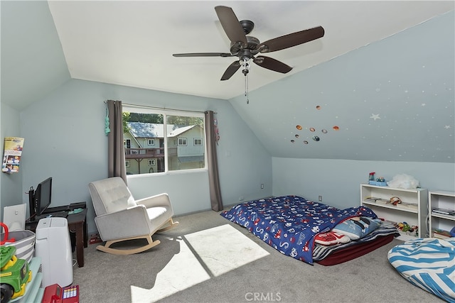 197 Weisshorn Dr, Crestline, CA 92325 - carpeted bedroom with lofted ceiling and ceiling fan