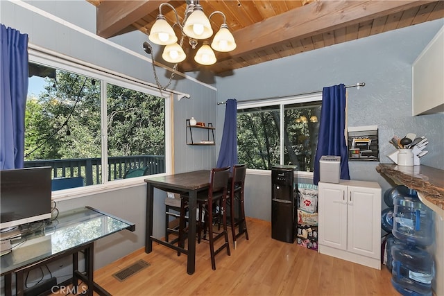 197 Weisshorn Dr, Crestline, CA 92325 - dining area with a chandelier, light wood-style floors, and wood ceiling with exposed beams