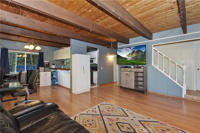 197 Weisshorn Dr, Crestline, CA 92325 - living area featuring a chandelier, wood finished floors, wooden ceiling, and stairway