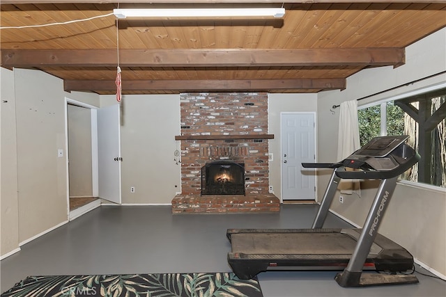 197 Weisshorn Dr, Crestline, CA 92325 - workout room with wood ceiling, baseboards, and a fireplace