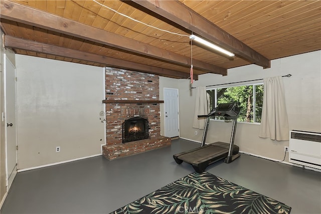 197 Weisshorn Dr, Crestline, CA 92325 - workout area with wood ceiling, a brick fireplace, and heating unit