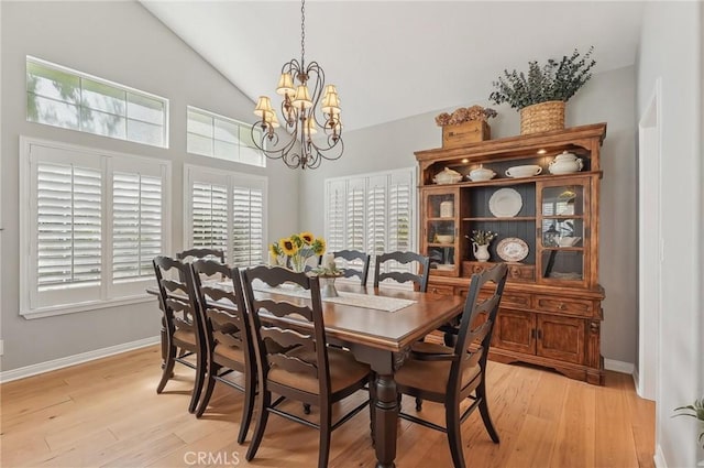 3184 Holloway Ct, Newbury Park, CA 91320 - dining space featuring a chandelier, light wood-style floors, baseboards, and high vaulted ceiling