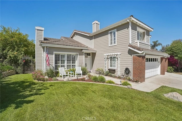 3184 Holloway Ct, Newbury Park, CA 91320 - view of front of property with a chimney, driveway, a garage, a front yard, and brick siding
