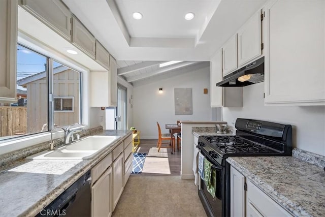 508 Woodland Dr, Los Osos, CA 93402 - kitchen featuring black appliances, under cabinet range hood, a sink, white cabinetry, and baseboards