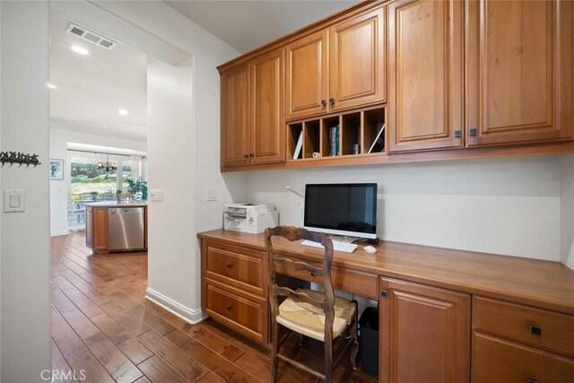 1494 Vista Tesoro Pl, Nipomo, CA 93444 - office space featuring built in desk, dark wood-style flooring, baseboards, and recessed lighting