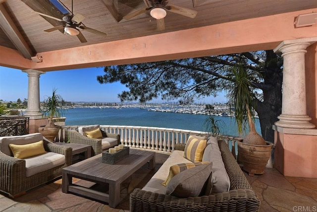 741 Rosecrans, San Diego, CA 92106 - view of patio / terrace featuring a ceiling fan, a water view, and outdoor lounge area