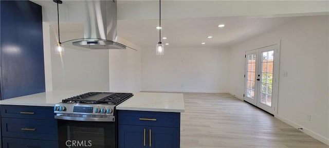 3355 Debbie Ln, Riverside, CA 92501 - kitchen with stainless steel range with gas cooktop, island range hood, light wood-type flooring, recessed lighting, and blue cabinets