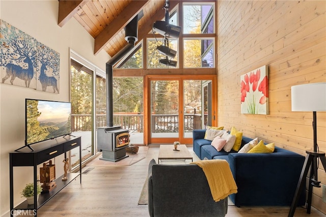 217 Crest Cir, Lake Arrowhead, CA 92352 - living room with a wood stove, high vaulted ceiling, wood finished floors, wooden walls, and wooden ceiling with exposed beams
