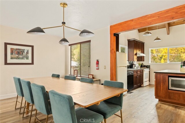 217 Crest Cir, Lake Arrowhead, CA 92352 - dining room featuring healthy amount of natural light, light wood-style flooring, and beamed ceiling