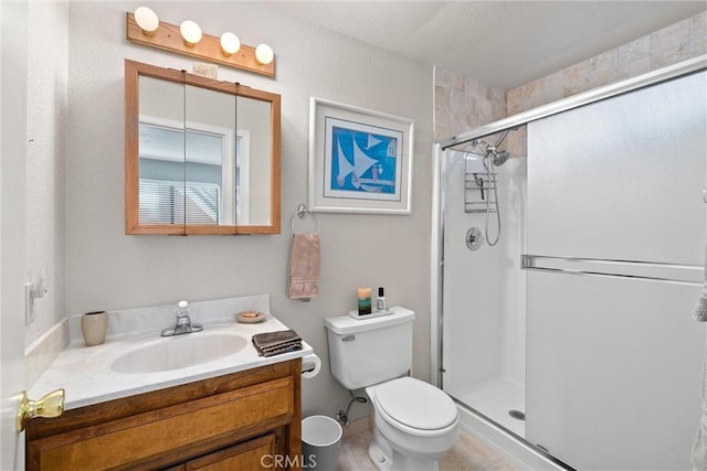720 E Mountain Ridge Rd, Lake Almanor, CA 96137 - bathroom with vanity, a shower stall, toilet, and tile patterned floors