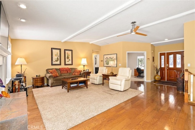 720 E Mountain Ridge Rd, Lake Almanor, CA 96137 - living area with a ceiling fan, wood finished floors, recessed lighting, beamed ceiling, and baseboards
