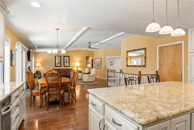 720 E Mountain Ridge Rd, Lake Almanor, CA 96137 - kitchen with a chandelier, wood finished floors, white cabinetry, pendant lighting, and recessed lighting