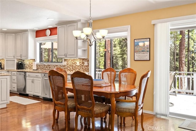 720 E Mountain Ridge Rd, Lake Almanor, CA 96137 - dining room featuring a chandelier, plenty of natural light, light wood finished floors, baseboards, and recessed lighting