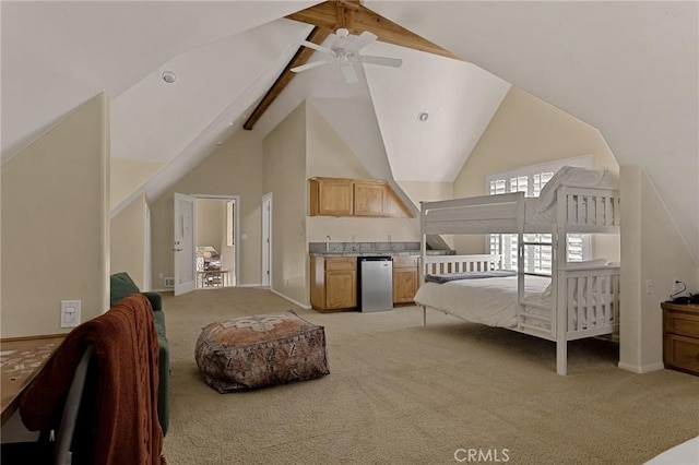 951 Osprey Ln, Lake Arrowhead, CA 92352 - bedroom featuring refrigerator, light colored carpet, beamed ceiling, high vaulted ceiling, and baseboards
