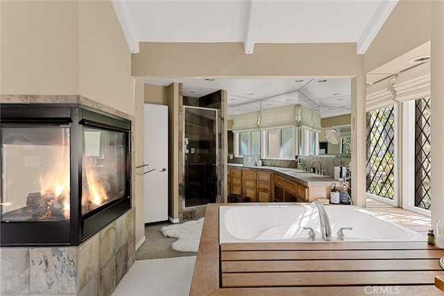 951 Osprey Ln, Lake Arrowhead, CA 92352 - full bathroom featuring a shower stall, a garden tub, healthy amount of natural light, and vanity