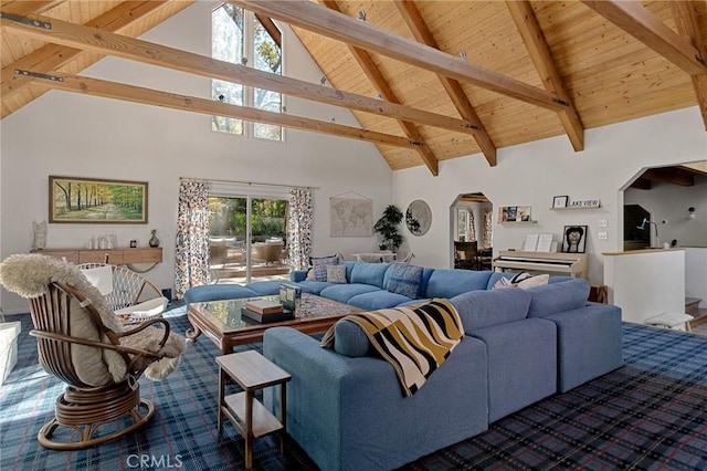 951 Osprey Ln, Lake Arrowhead, CA 92352 - living area with arched walkways, high vaulted ceiling, and wood ceiling with exposed beams
