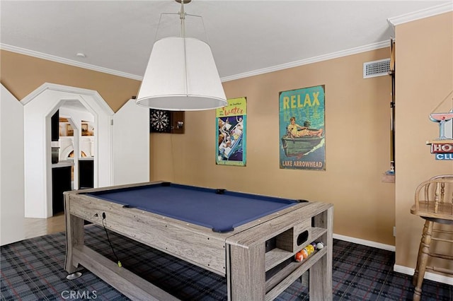 951 Osprey Ln, Lake Arrowhead, CA 92352 - game room with dark colored carpet, crown molding, baseboards, and billiards
