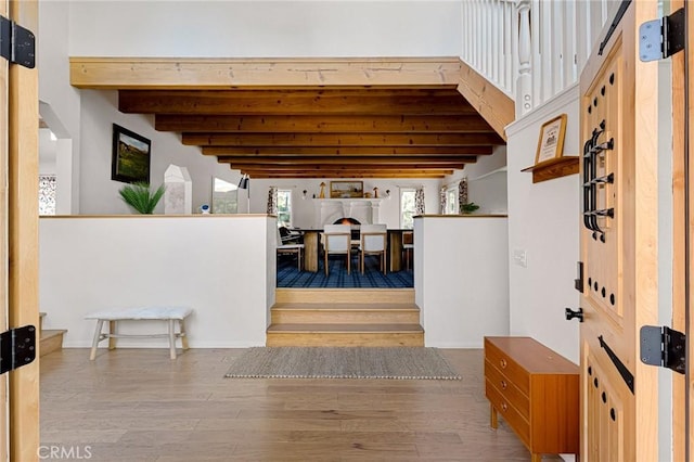 951 Osprey Ln, Lake Arrowhead, CA 92352 - foyer featuring wood finished floors and beamed ceiling
