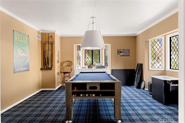 951 Osprey Ln, Lake Arrowhead, CA 92352 - recreation room with dark carpet, baseboards, ornamental molding, and pool table