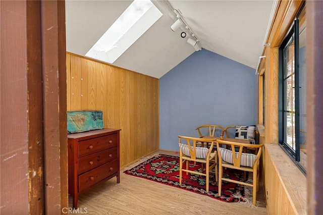 951 Osprey Ln, Lake Arrowhead, CA 92352 - office with rail lighting, a skylight, light wood finished floors, and lofted ceiling