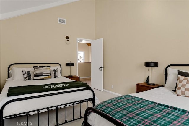 951 Osprey Ln, Lake Arrowhead, CA 92352 - bedroom featuring carpet, baseboards, and high vaulted ceiling