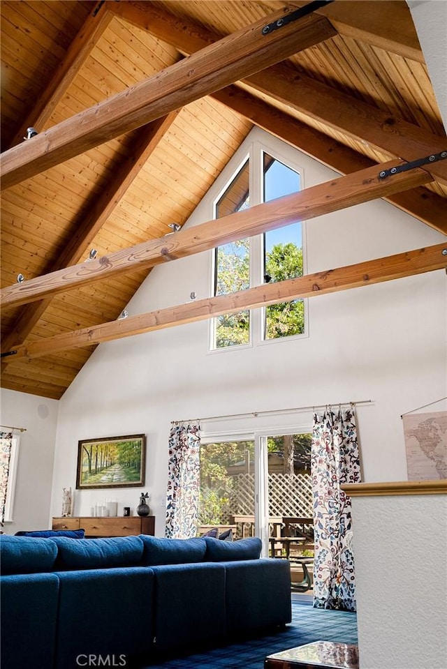 951 Osprey Ln, Lake Arrowhead, CA 92352 - living room featuring high vaulted ceiling and wooden ceiling with exposed beams