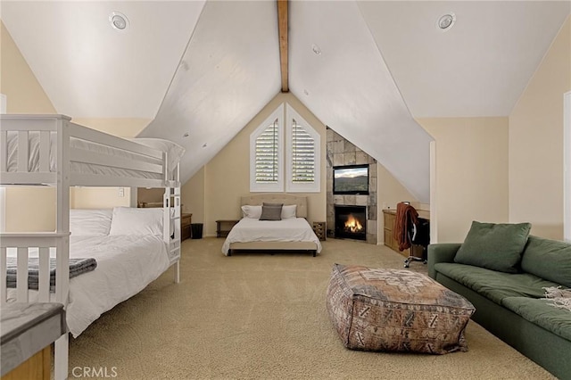951 Osprey Ln, Lake Arrowhead, CA 92352 - bedroom featuring carpet, lofted ceiling, and a fireplace