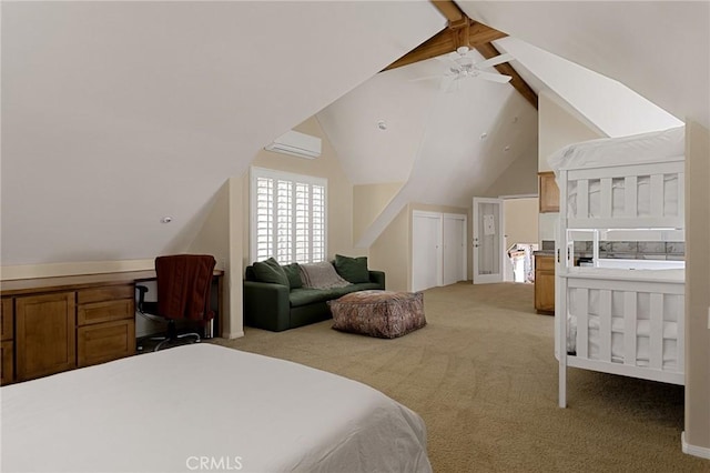 951 Osprey Ln, Lake Arrowhead, CA 92352 - bedroom featuring light colored carpet, vaulted ceiling, a desk, and ceiling fan
