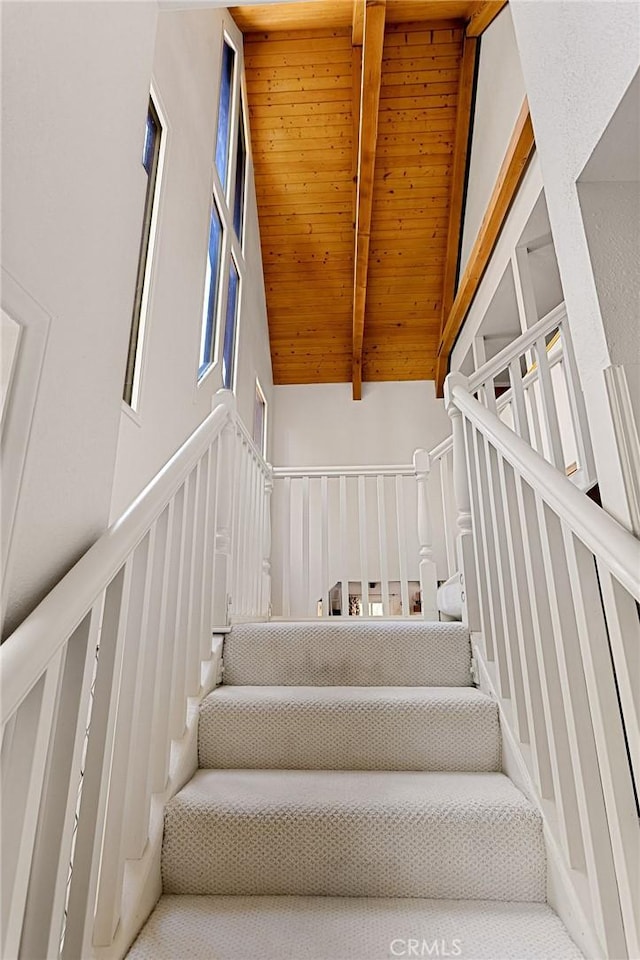 951 Osprey Ln, Lake Arrowhead, CA 92352 - stairs with wooden ceiling with exposed beams, high vaulted ceiling, and a decorative wall