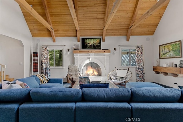951 Osprey Ln, Lake Arrowhead, CA 92352 - living room featuring wooden ceiling with exposed beams, a warm lit fireplace, stairway, and high vaulted ceiling